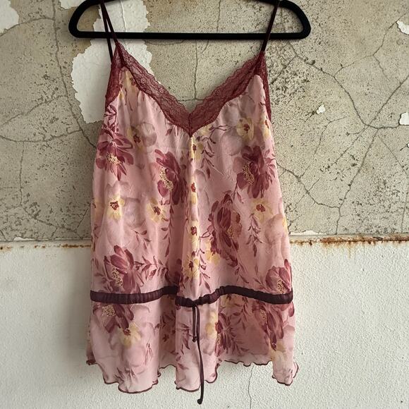 Floral Chiffon Pajama Set Romantic Coquette Loungecore Pink Burgundy Lace XL - Picture 4 of 8